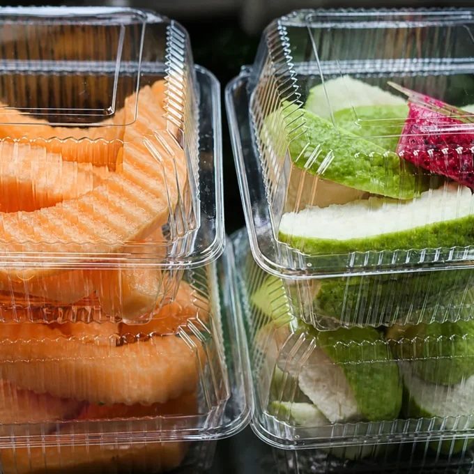 Clear clamshell packaging presenting fresh-cut fruit for retail display.