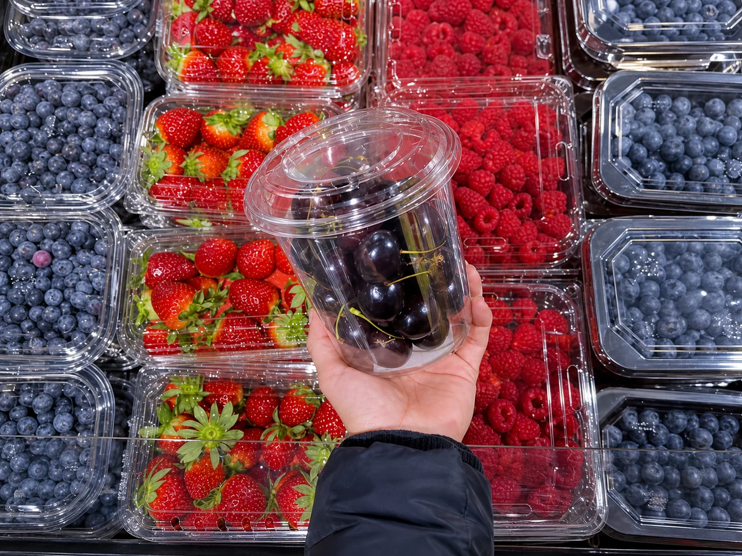 Clear PET disposable plastic food containers in multiple sizes and formats.