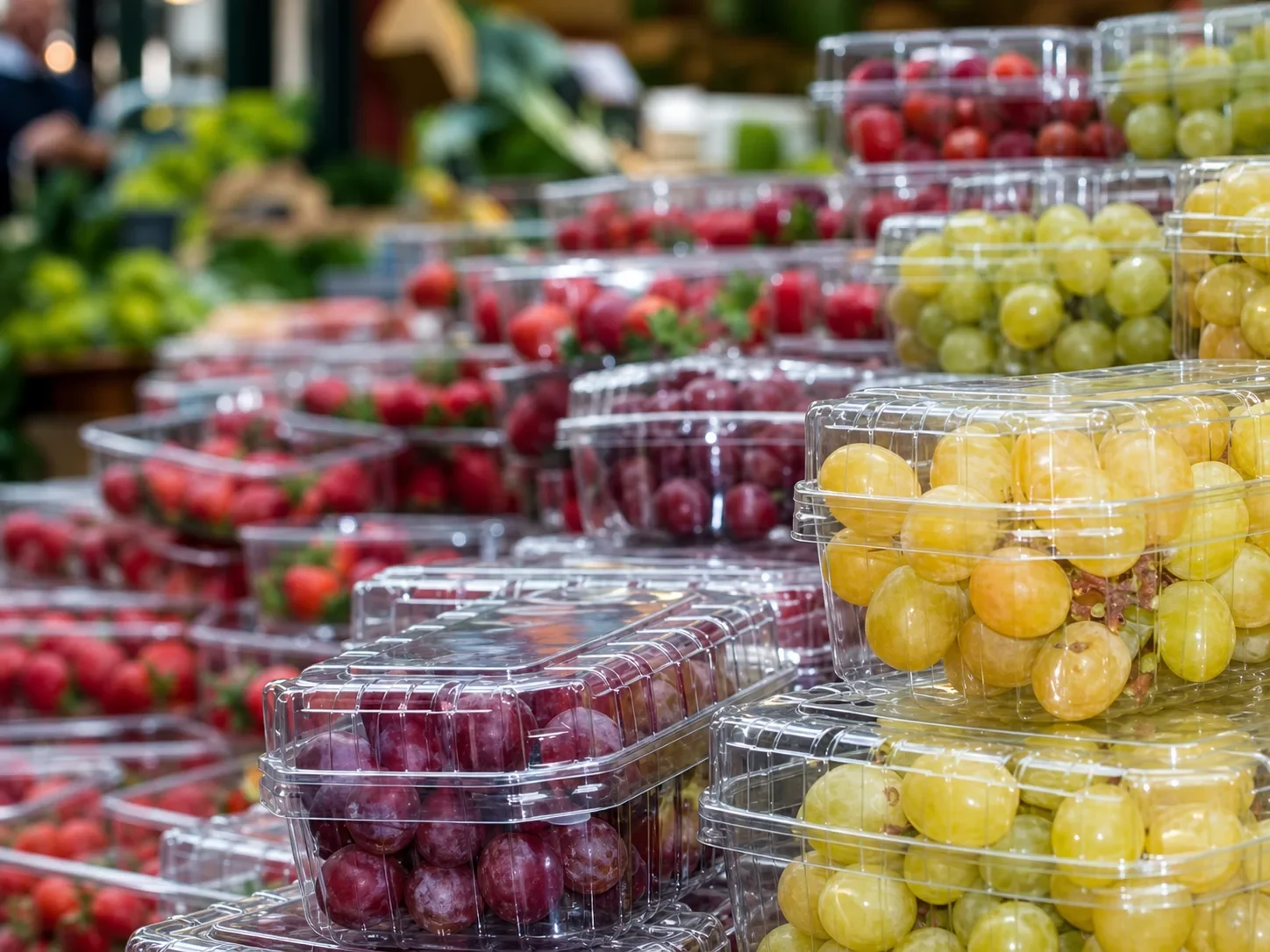 Clear PET grape clamshells displaying fresh grapes at retail.