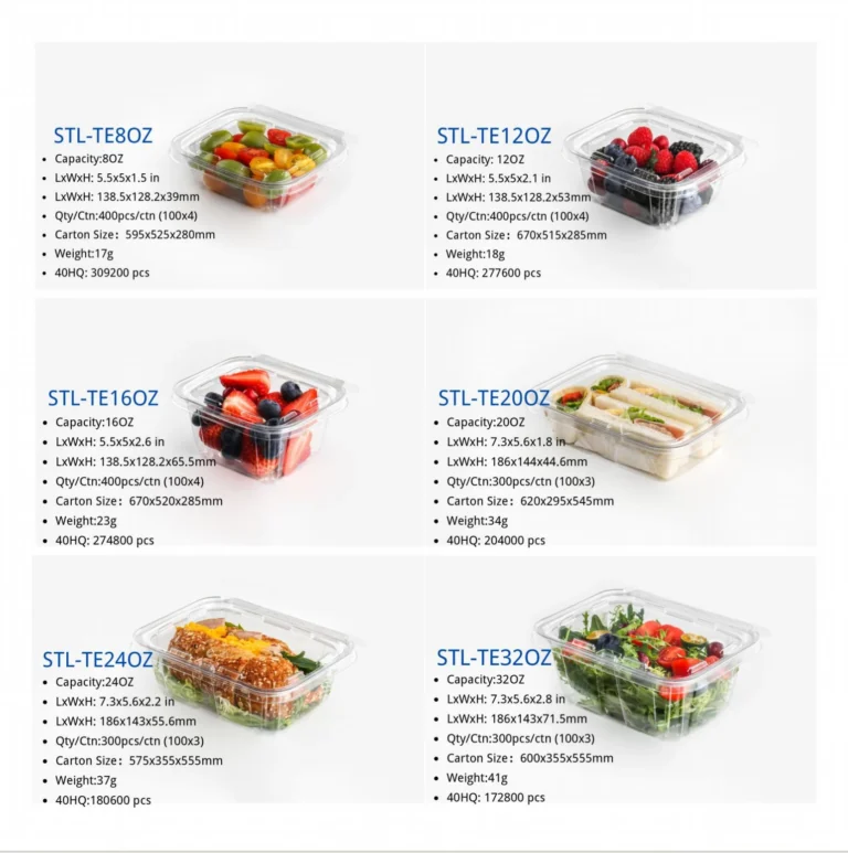 Catalog calculations for food container carton dimensions and container loading quantities.