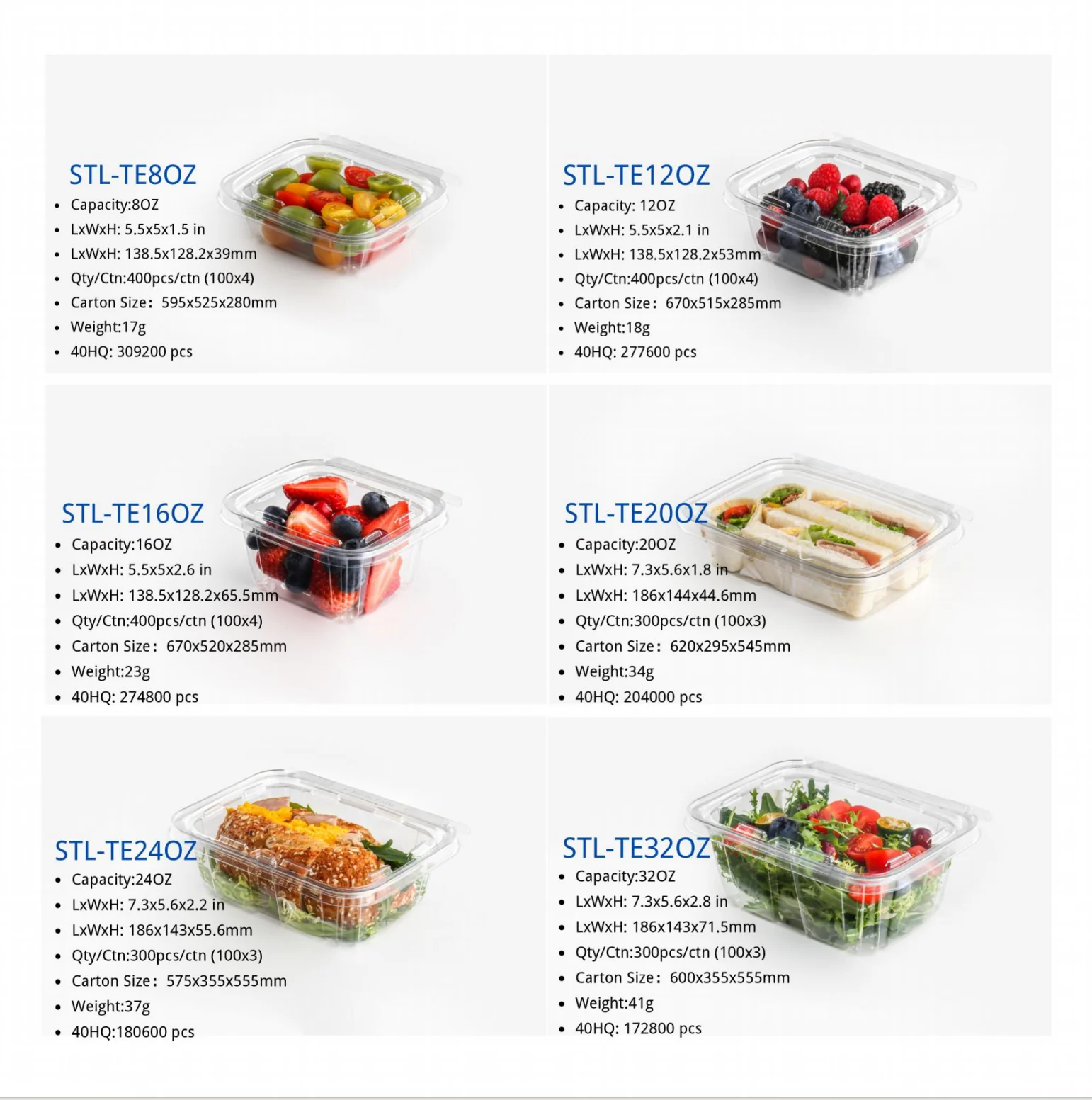 Catalog calculations for food container carton dimensions and container loading quantities.