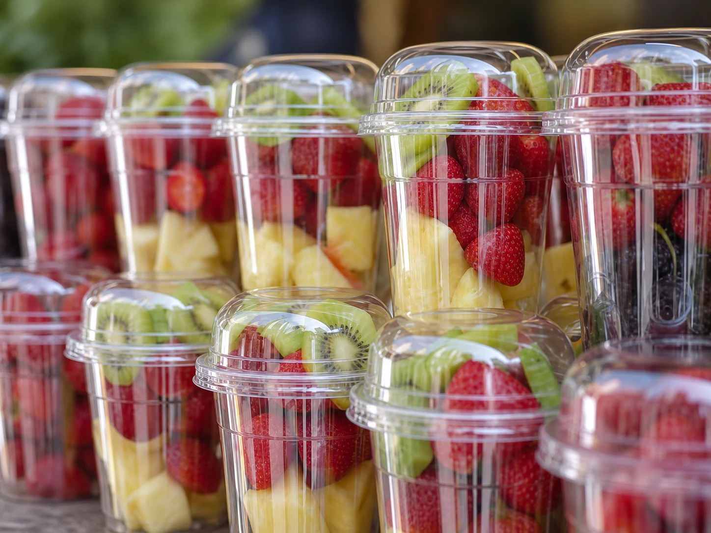 Clear dome cups used to package and display fresh fruit.
