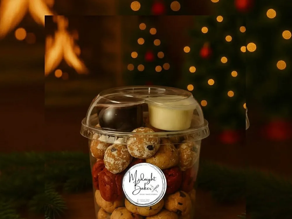 Midnight Baker cookies displayed in a clear PET cup with dome lid for Christmas gifting