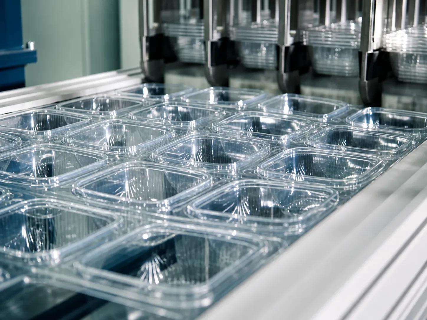 PET food containers being produced on a thermoforming line.
