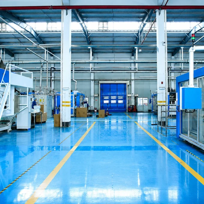 Plastic food container production workshop with thermoforming equipment.
