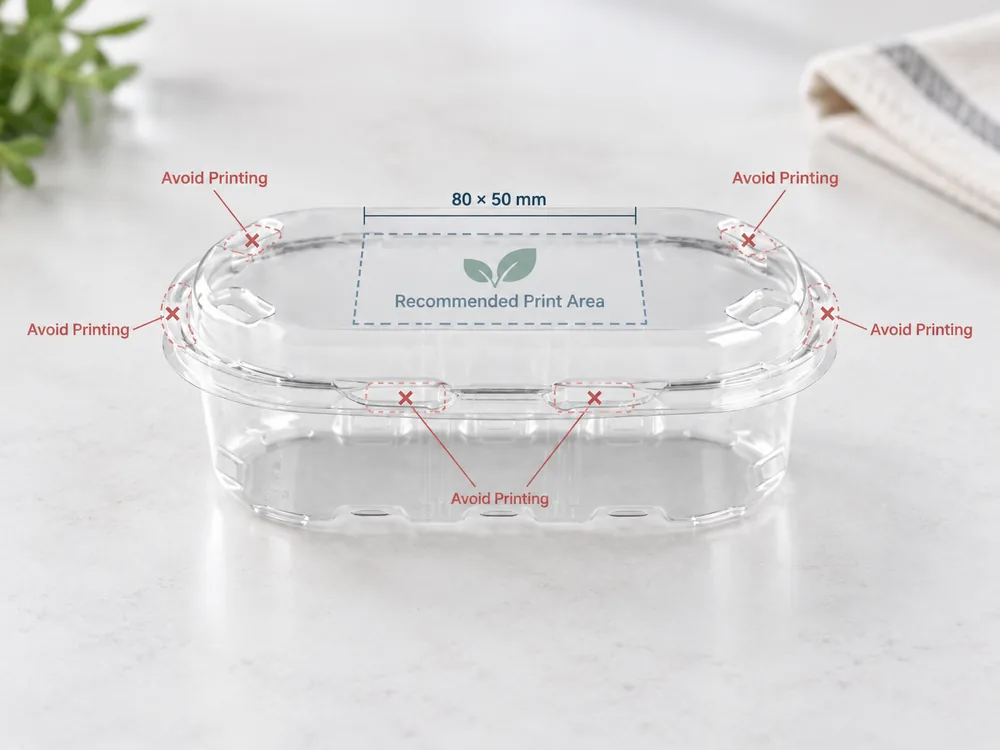 Recommended flat lid area and areas to avoid for custom printing on PET food containers