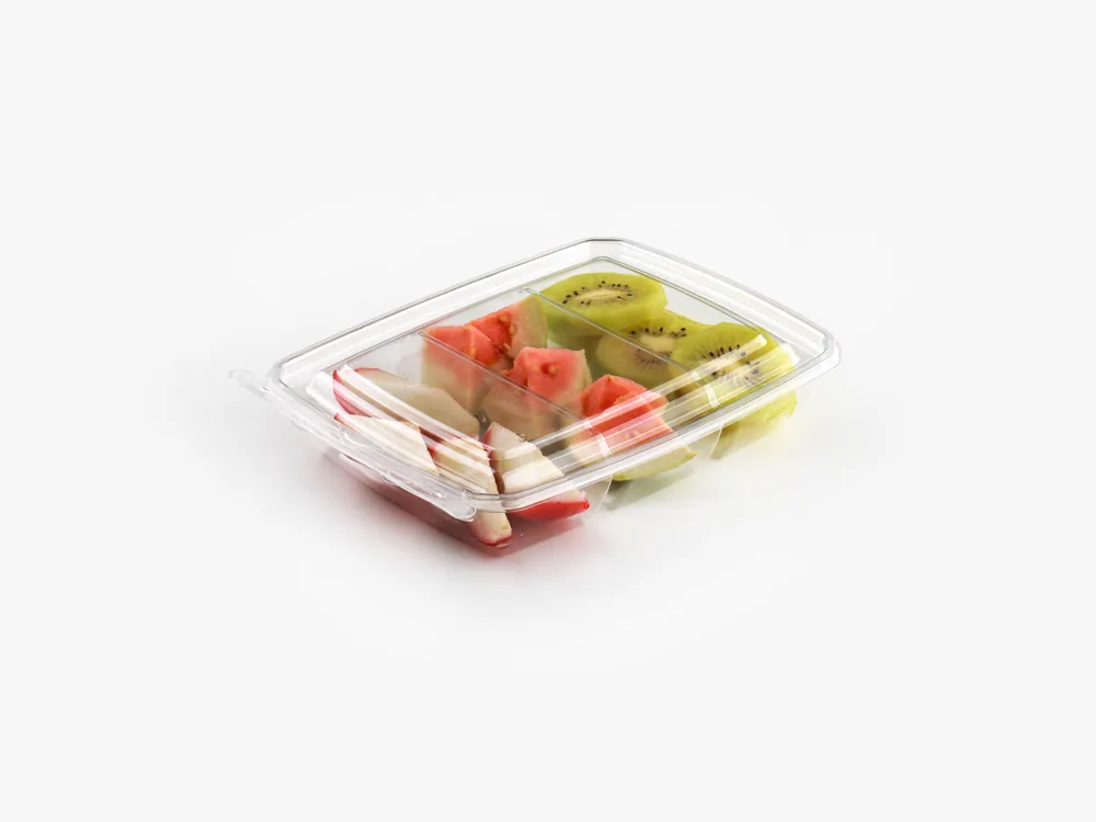 Hinged compartment containers for snack packs and fresh food combinations