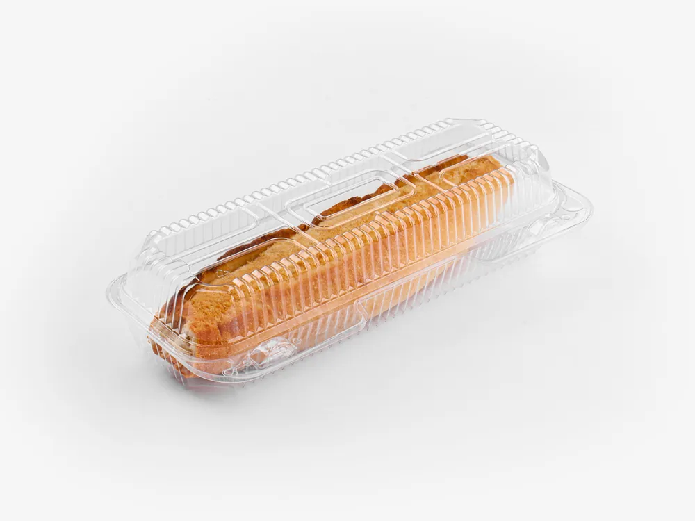 Long hinged clamshell containers for bakery and sandwich packaging