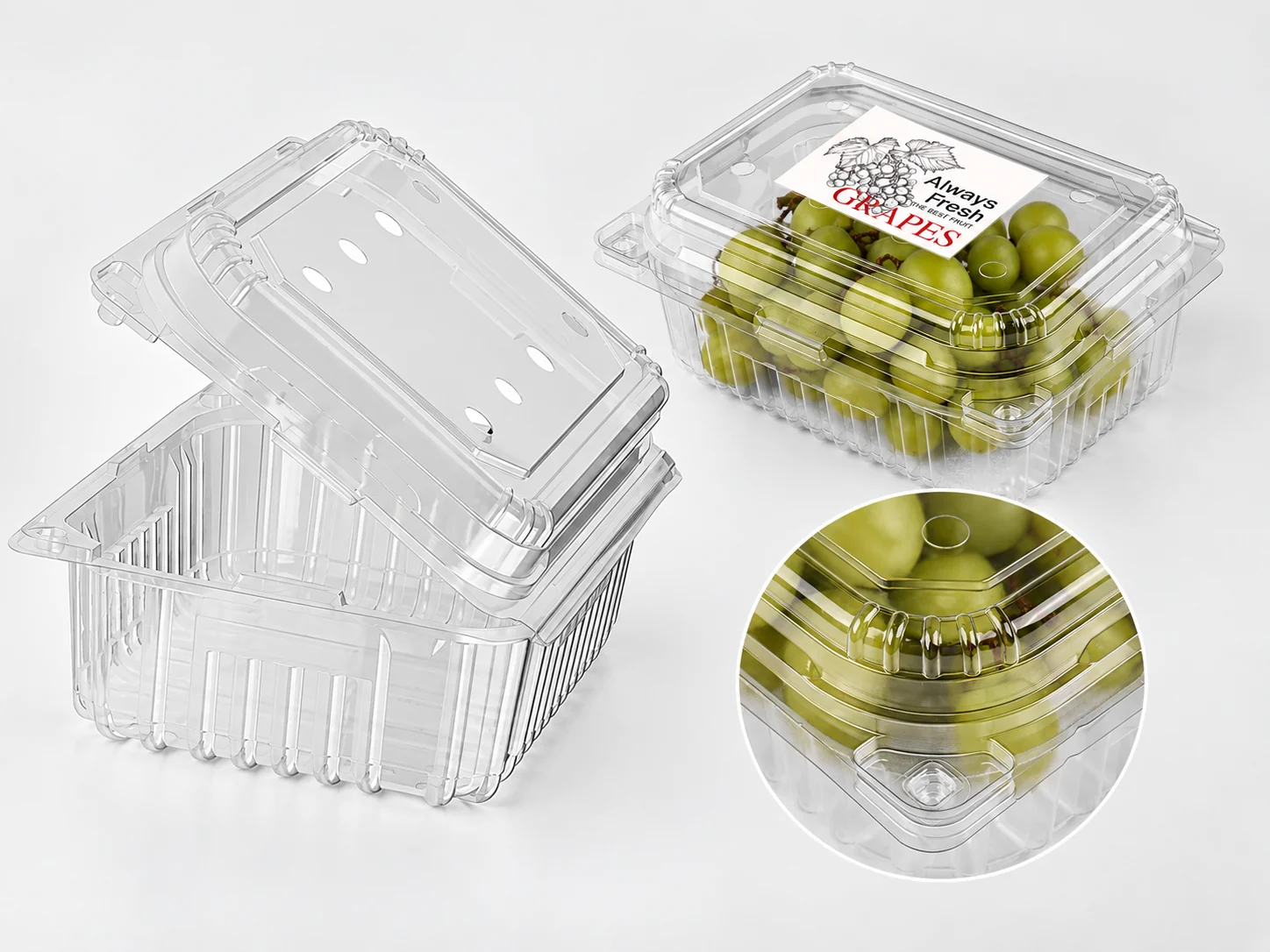 Clear PET grape clamshells with ventilation, lid closure and label area