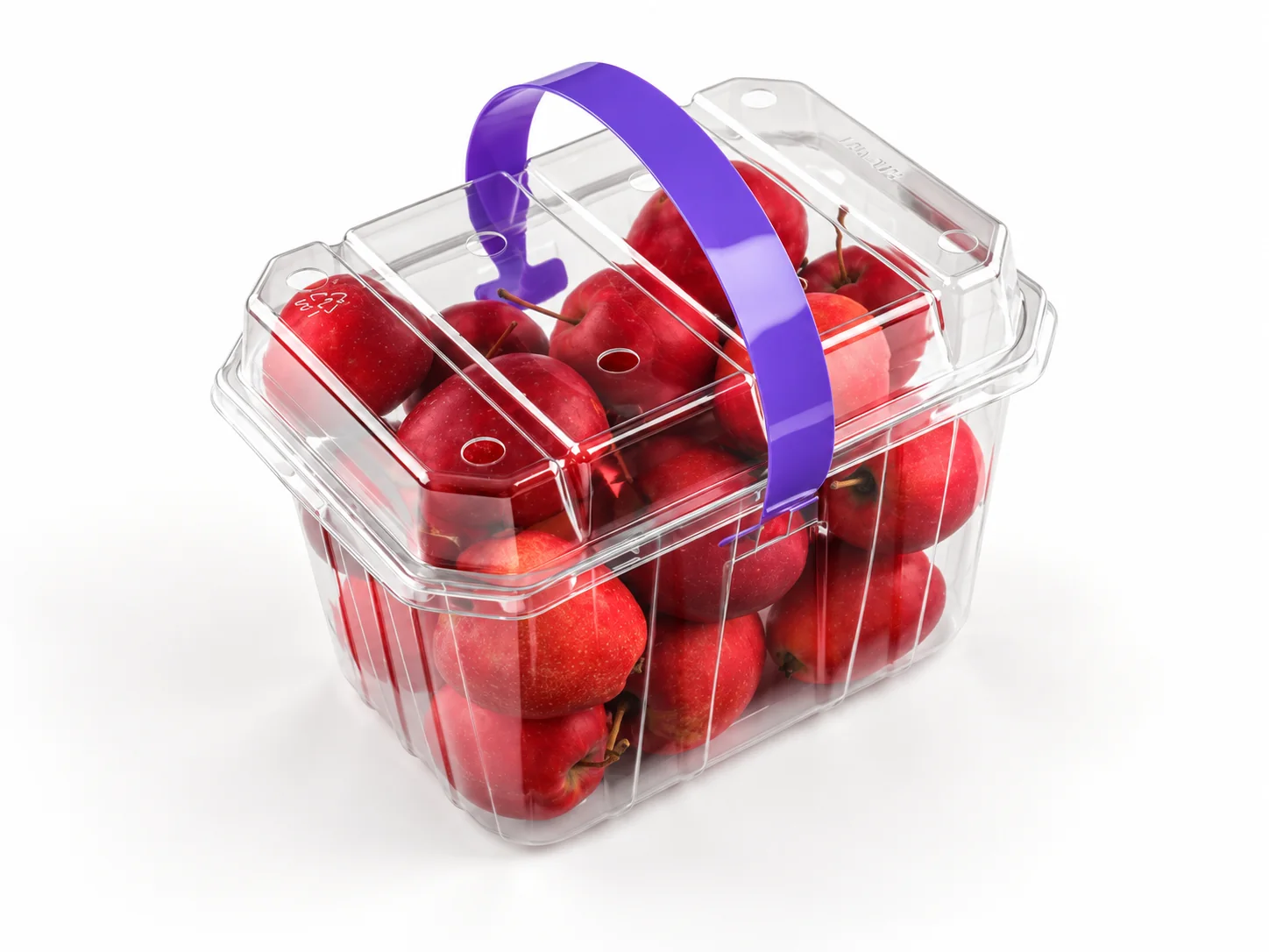 Clear fruit clamshell with a purple carrying handle for premium gift packaging