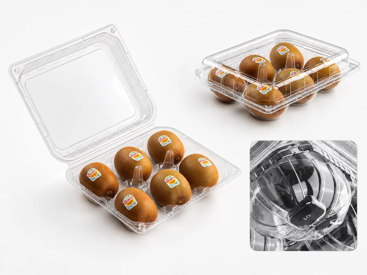 Clear PET kiwifruit cavity packaging shown open and filled